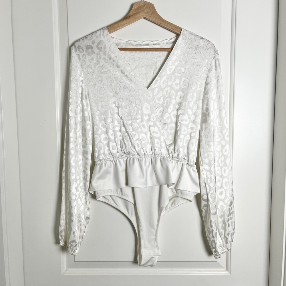 White Leopard Print Long Sleeve Peplum Bodysuit – Unique Statement Piece, Small